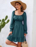 AISWI Women's Tie Back Flowy Dress Long Lantern Sleeve Square Neck Ruffle Elastic Waist Aline Casual Mini Dress - Image 3